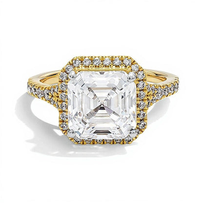 Halo-Verlobungsring mit Labordiamanten im Asscher- und Rundschliff 4.5 ct. Gesamtgewicht in 14K Gelbgold (F/VS2)
