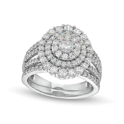 Diamant-Brautset mit dreireihigem Scallop-Rahmen 1.5 ct. Gesamtgewicht in 10K Weißgold