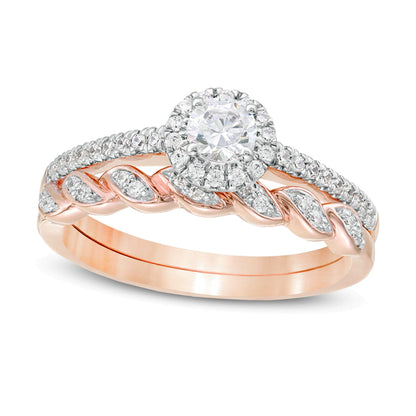 0,5 ct. Gesamtgewicht Diamant Brautset mit gedrehter Ringschiene und Diamant-Rahmen in 10K Roségold