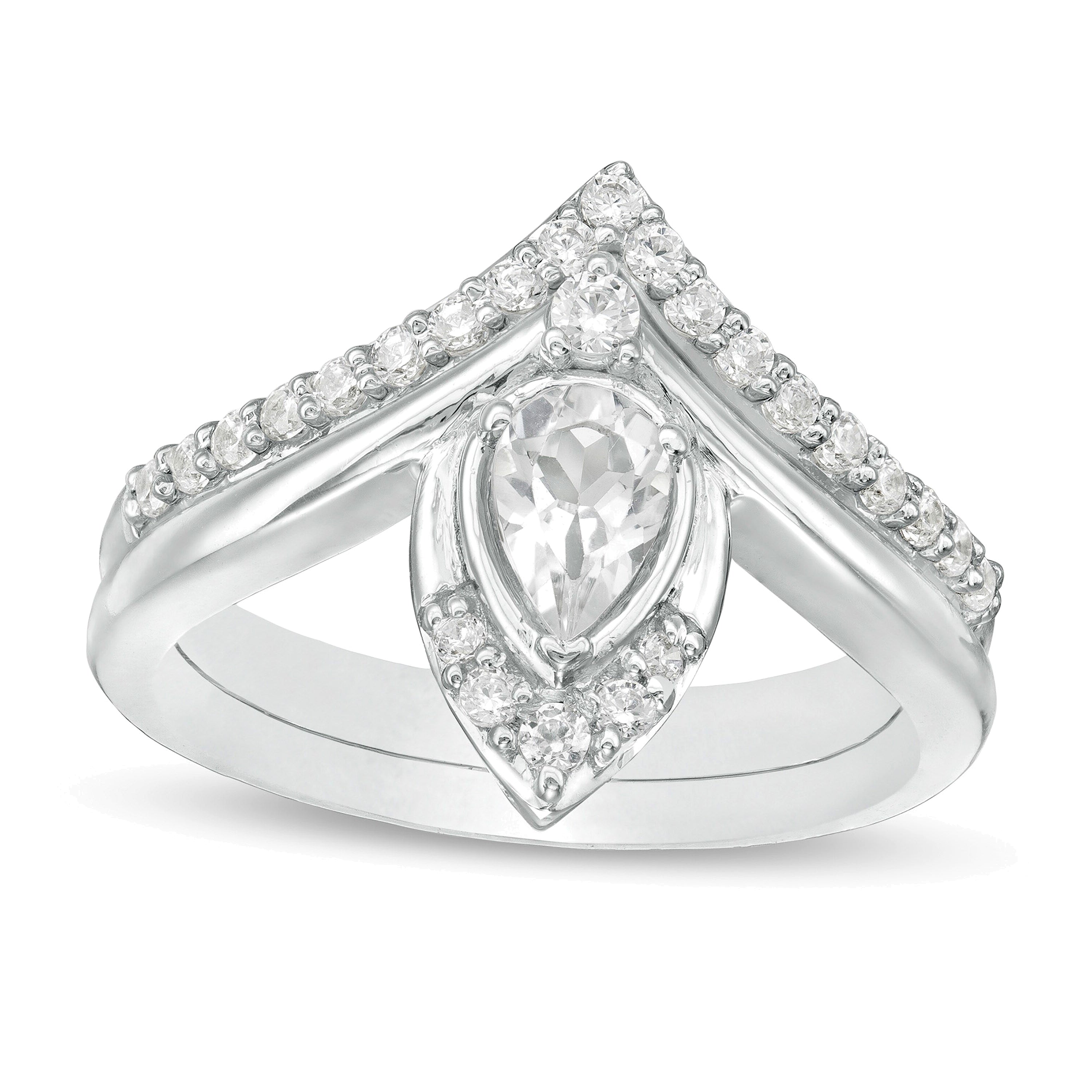 Braut-Set mit tropfenförmigem synthetischem weißem Saphir und 0,33 ct. Gesamtgewicht Diamanten in 10K Weißgold