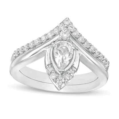 Braut-Set mit tropfenförmigem synthetischem weißem Saphir und 0,33 ct. Gesamtgewicht Diamanten in 10K Weißgold