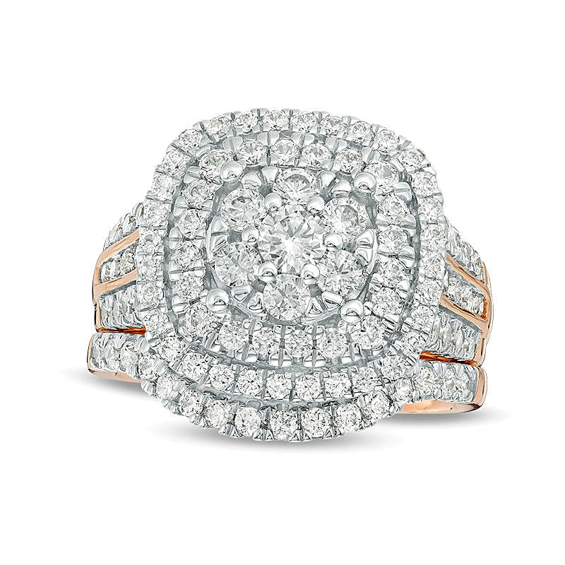 Braut-Set mit Diamanten 2.0 ct. Gesamtgewicht, rund & Kissenschliff, dreifacher Kissenschliff-Rahmen, in 10K Roségold
