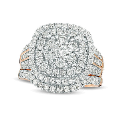 Braut-Set mit Diamanten 2.0 ct. Gesamtgewicht, rund & Kissenschliff, dreifacher Kissenschliff-Rahmen, in 10K Roségold