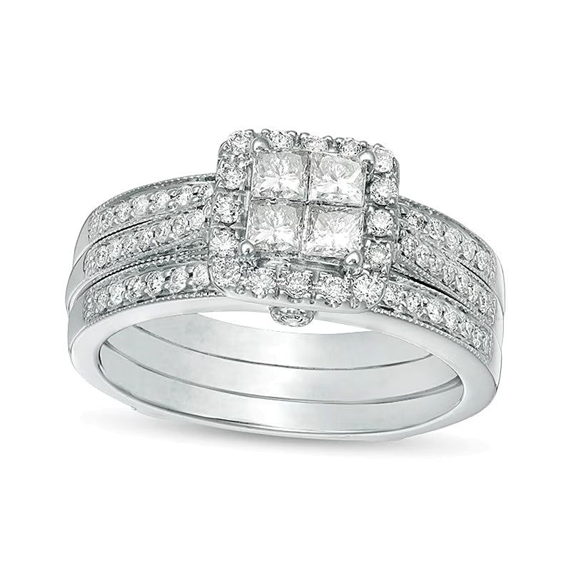 0.75 ct. Gesamtgewicht Brautset im Vintage-Stil mit Diamanten im Princess- und Rundschliff und quadratischem Rahmen in 10K Weißgold