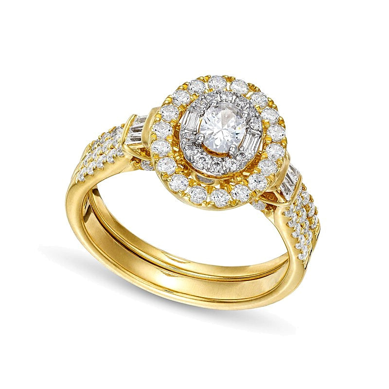 1.0 CT. Gesamtgewicht Braut-Set mit ovalem Diamanten in Doppelreihe aus 10K Gelbgold