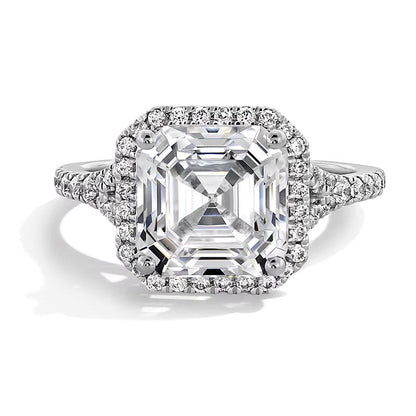 4.5 CT. Gesamtgewicht Verlobungsring mit Labordiamanten im Asscher-Schliff und rund, Halo, in 14K Weißgold (F/VS2)