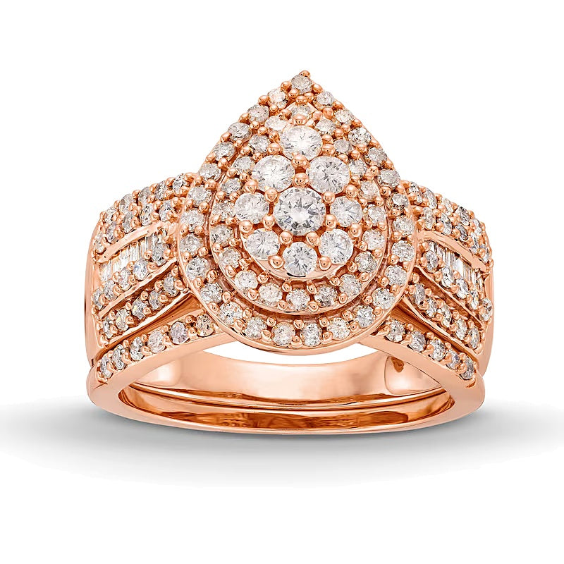 Braut-Set mit Diamanten in tropfenförmigem Schleifen-Design, 1.25 ct. Gesamtgewicht, 10K Roségold