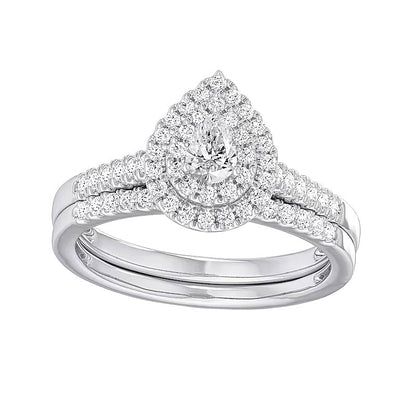 0.5 CT. Gesamtgewicht Braut-Set mit tropfenförmigem Diamant und doppeltem Rahmen aus rhodiniertem Sterlingsilber