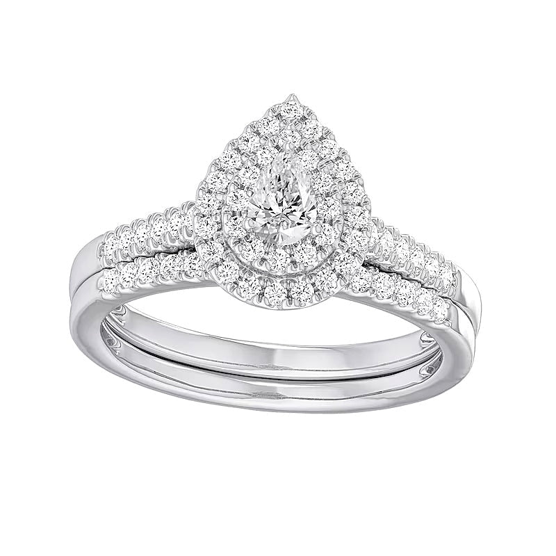 0.5 CT. Gesamtgewicht Braut-Set mit tropfenförmigem Diamant und doppeltem Rahmen aus rhodiniertem Sterlingsilber