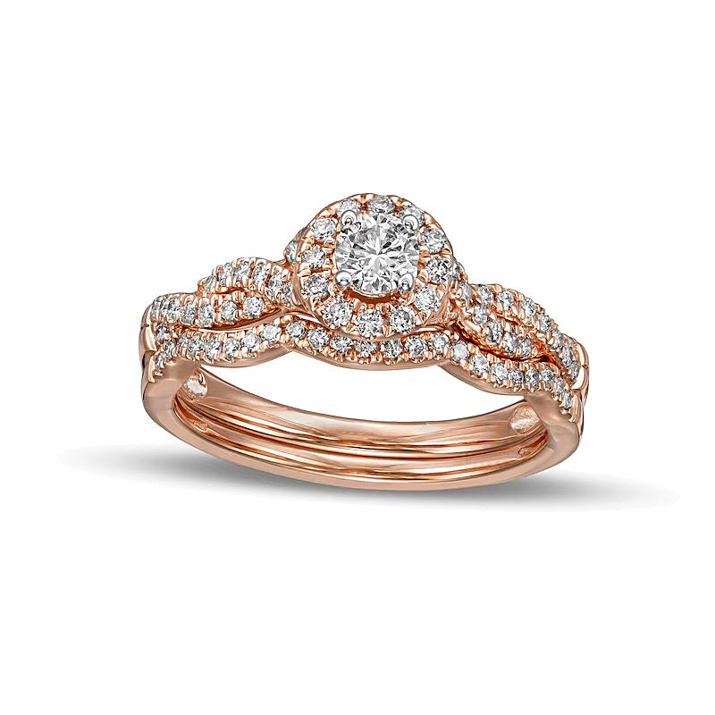 0.5 ct. Gesamtgewicht Diamant Brautset mit Rahmen und gedrehter Schiene in 10K Roségold (I/I2)