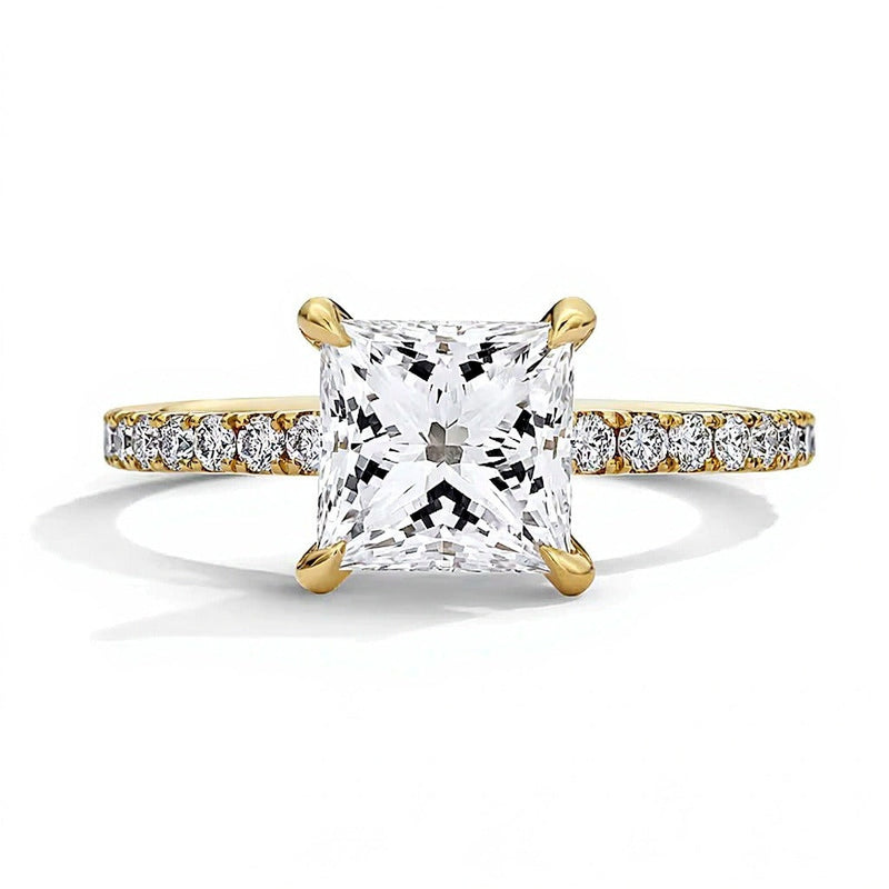 2.5 CT. Gesamtgewicht Verlobungsring Solitär mit seitlichem Besatz mit Labordiamant im Princess-Schliff in 18K Gelbgold (D/IF)