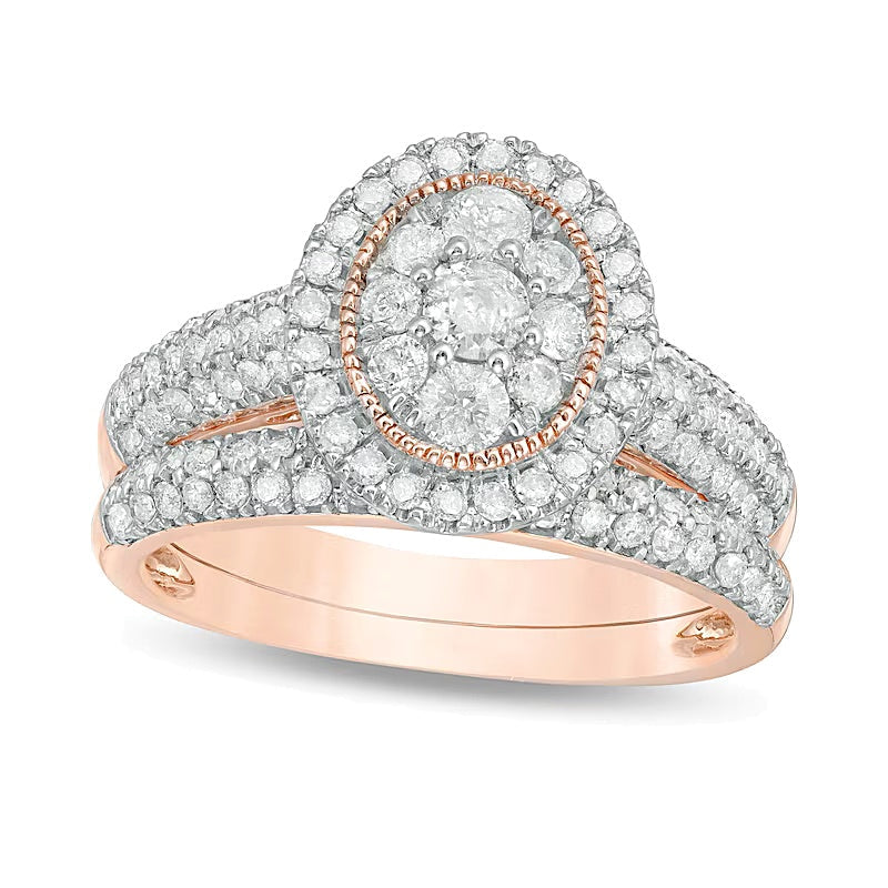1.0 ct. Gesamtgewicht Diamant-Brautset im Vintage-Stil mit ovalem Rahmen in 10K Roségold