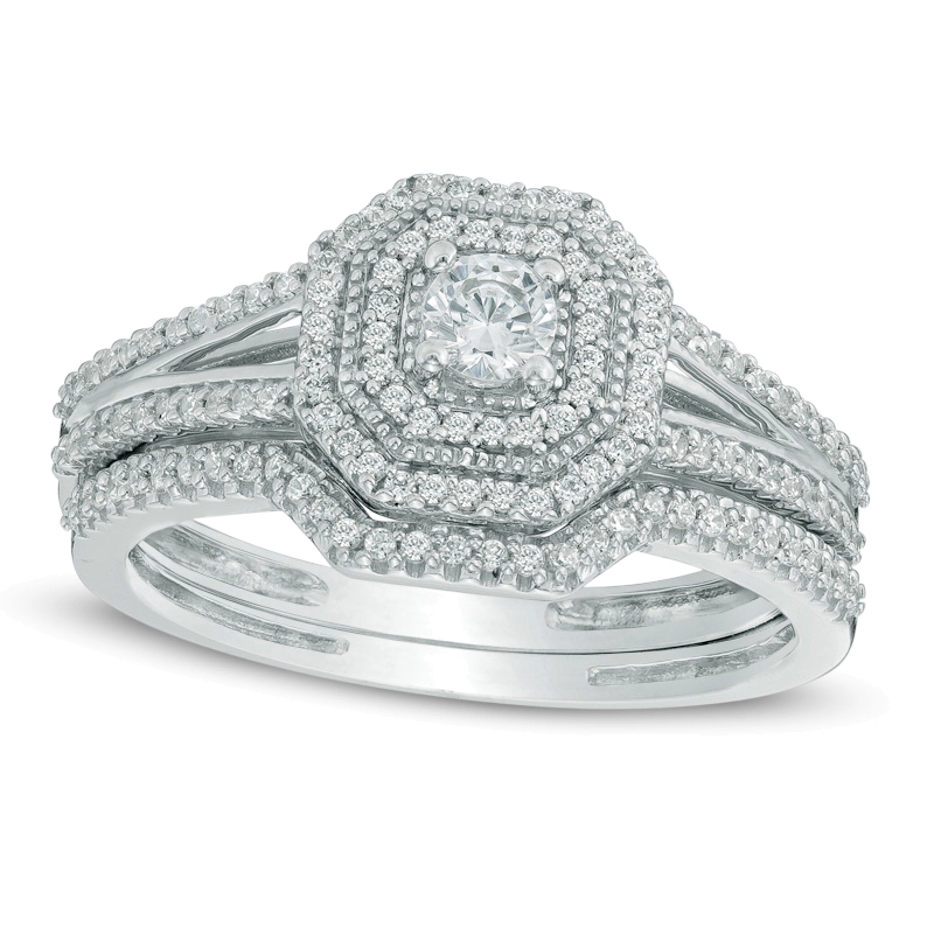 0.5 ct. Gesamtgewicht Diamant-Brautset im Vintage-Stil mit achteckigem Rahmen und geteiltem Ringschienen-Design in 10K Weißgold