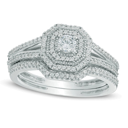 0.5 ct. Gesamtgewicht Diamant-Brautset im Vintage-Stil mit achteckigem Rahmen und geteiltem Ringschienen-Design in 10K Weißgold