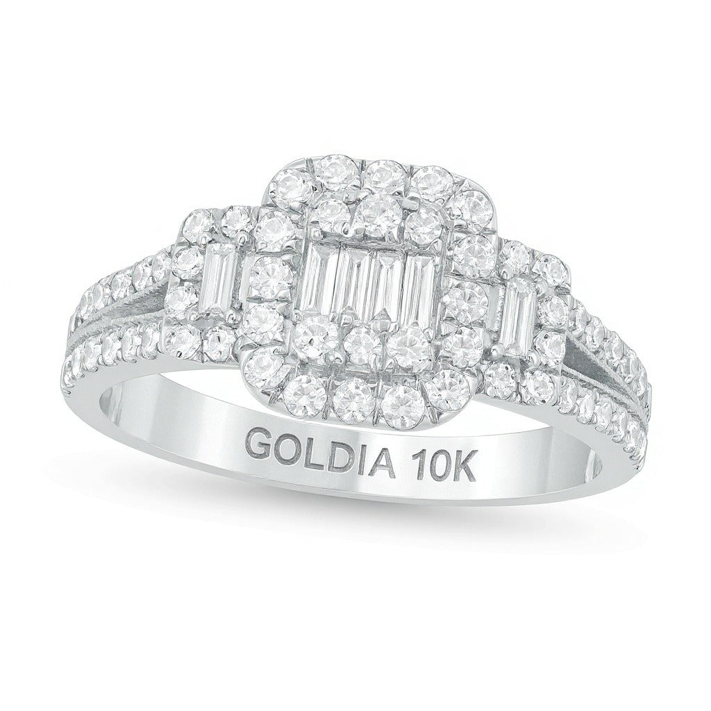 Verlobungsring mit Komposit-Diamanten im Baguette-, Rund- und Kissenschliff 0,88 ct. Gesamtgewicht in 10K Weißgold