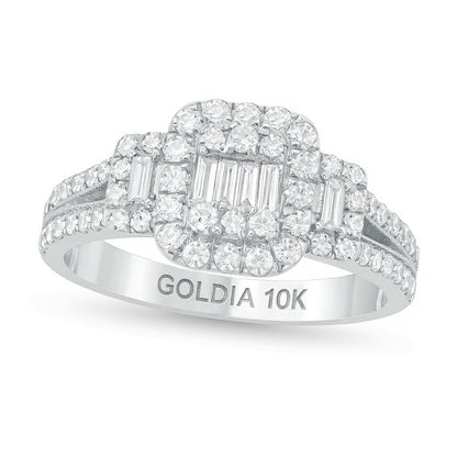 Verlobungsring mit Komposit-Diamanten im Baguette-, Rund- und Kissenschliff 0,88 ct. Gesamtgewicht in 10K Weißgold
