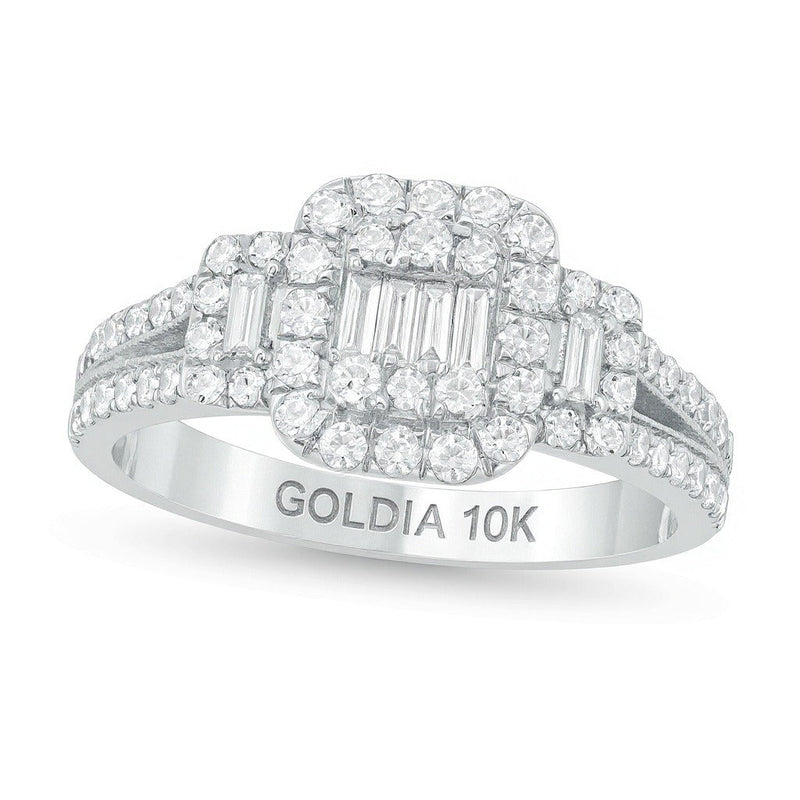 Verlobungsring mit Komposit-Diamanten im Baguette-, Rund- und Kissenschliff 0,88 ct. Gesamtgewicht in 10K Weißgold