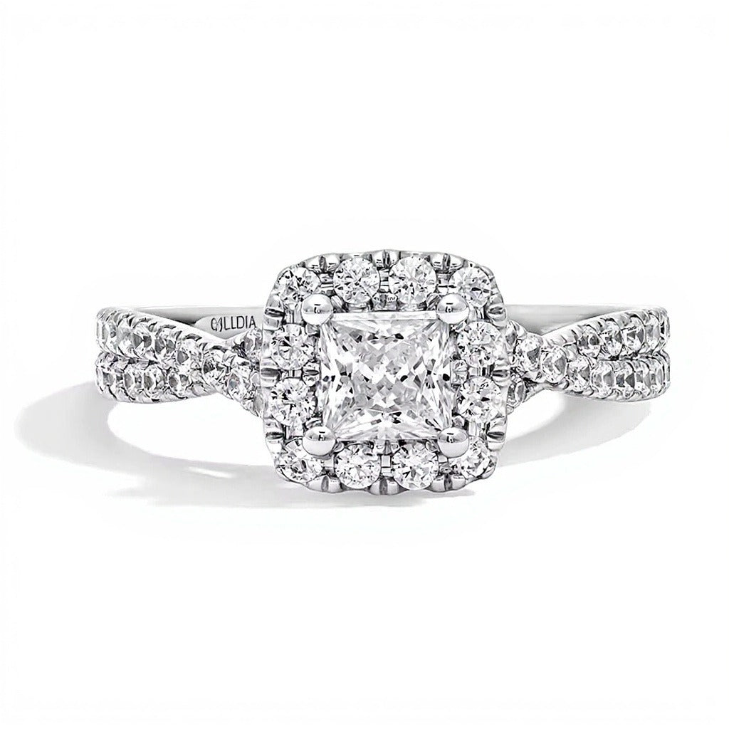 1.0 CT. TW Verlobungsring mit Labordiamanten im Princess-Schliff, Halo im Kissenschliff und Crossover-Schiene in 14K Weißgold