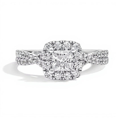 1.0 CT. TW Verlobungsring mit Labordiamanten im Princess-Schliff, Halo im Kissenschliff und Crossover-Schiene in 14K Weißgold