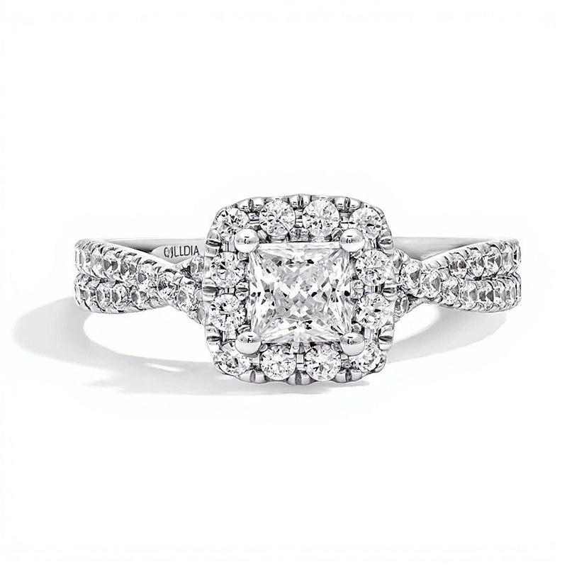 1.0 CT. TW Verlobungsring mit Labordiamanten im Princess-Schliff, Halo im Kissenschliff und Crossover-Schiene in 14K Weißgold