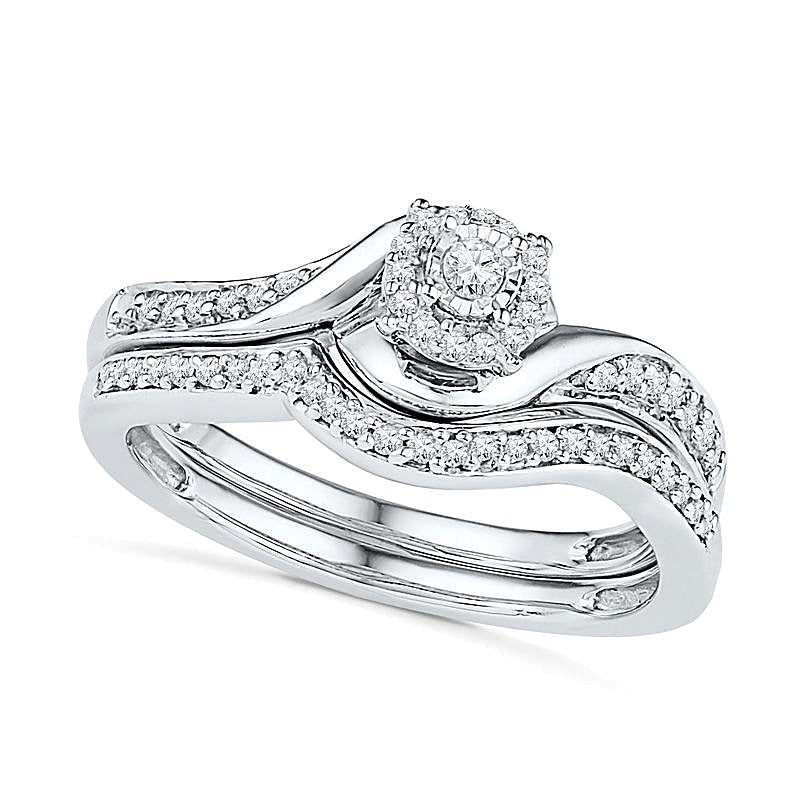 0,25 ct. Gesamtgewicht Diamant Brautset mit Swirl-Rahmen in rhodiniertem Sterlingsilber