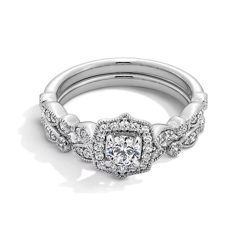 0.63 ct. Gesamtgewicht Diamant Brautset im Art-Déco-Vintage-Stil mit Vierpass-Fassung in 14K Weißgold