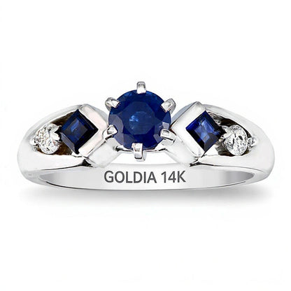 5,0 mm blauer Saphir und Diamant 0,1 ct. Gesamtgewicht Solitär mit seitlichem Besatz in 14K Weißgold