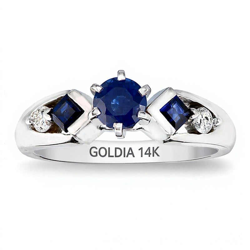 5,0 mm blauer Saphir und Diamant 0,1 ct. Gesamtgewicht Solitär mit seitlichem Besatz in 14K Weißgold