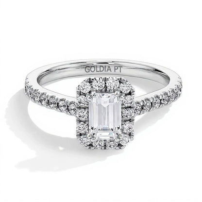 Halo-Verlobungsring mit Labordiamant im Smaragdschliff, 1.0 ct. Gesamtgewicht, in Platin (F/SI2)