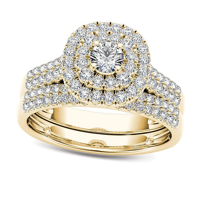 1.0 CT. Gesamtgewicht Diamant Brautset mit doppeltem Rahmen und mehrreihiger Fassung in 14K Gelbgold