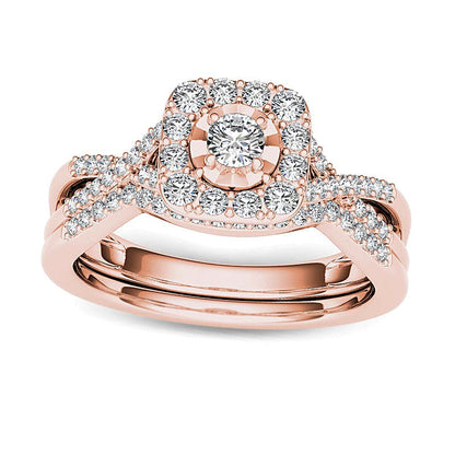 0.38 ct. Gesamtgewicht Diamant Braut-Set mit Kissenschliff-Rahmen und Twist-Schiene in 14K Roségold