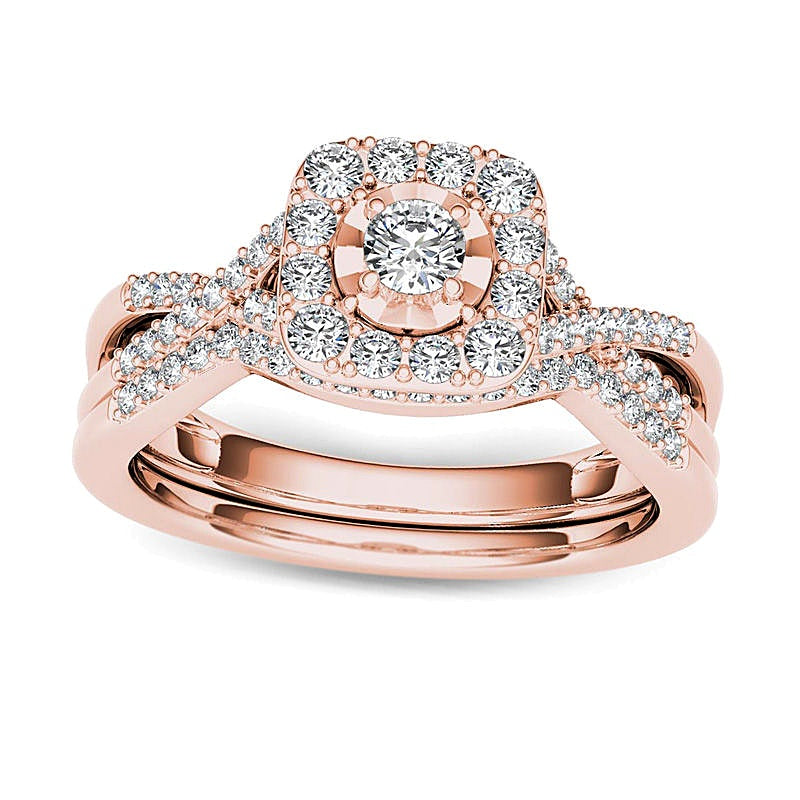 0.38 ct. Gesamtgewicht Diamant Braut-Set mit Kissenschliff-Rahmen und Twist-Schiene in 14K Roségold