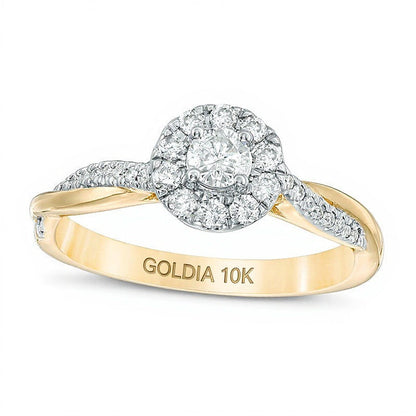 0.38 ct. Gesamtgewicht Diamant Halo Verlobungsring mit Twist-Design in 10K Gelbgold