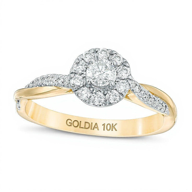 0.38 ct. Gesamtgewicht Diamant Halo Verlobungsring mit Twist-Design in 10K Gelbgold