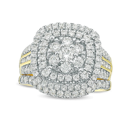 2.0 ct. Gesamtgewicht Diamant-Brautset mit dreifachem Kissenschliff-Rahmen in 10K Gelbgold