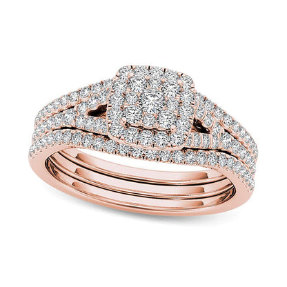 0.75 ct. Gesamtgewicht Komposit-Diamant Brautset mit Kissenschliff-Rahmen, dreiteilig, in 14K Roségold