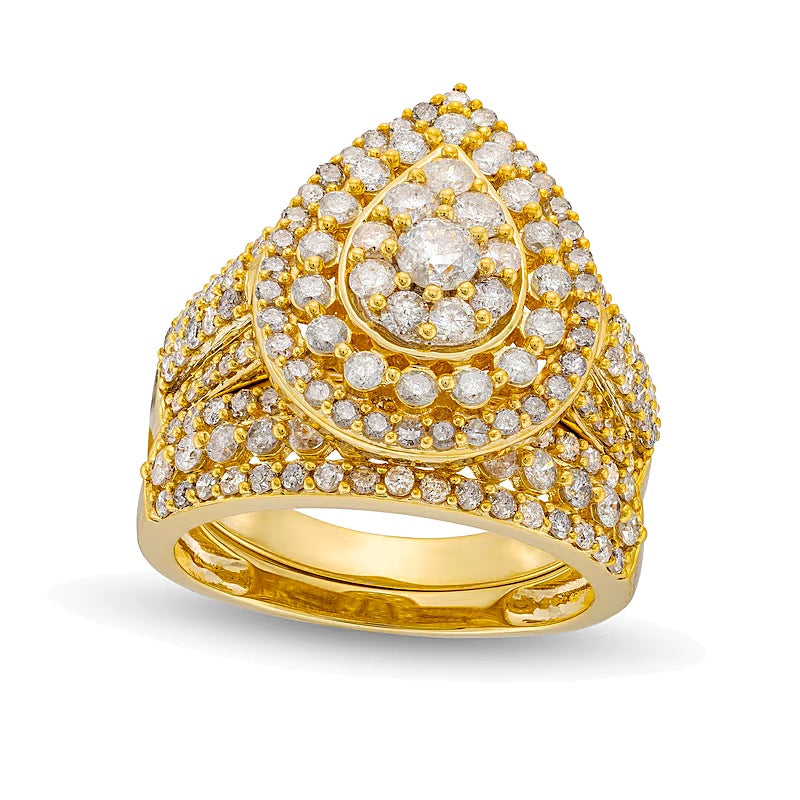 2.0 ct. Gesamtgewicht Brautset mit weißen Diamanten im Tropfen-Schliff und Tropfen-Rahmen, mehrreihig, in 10K Gelbgold