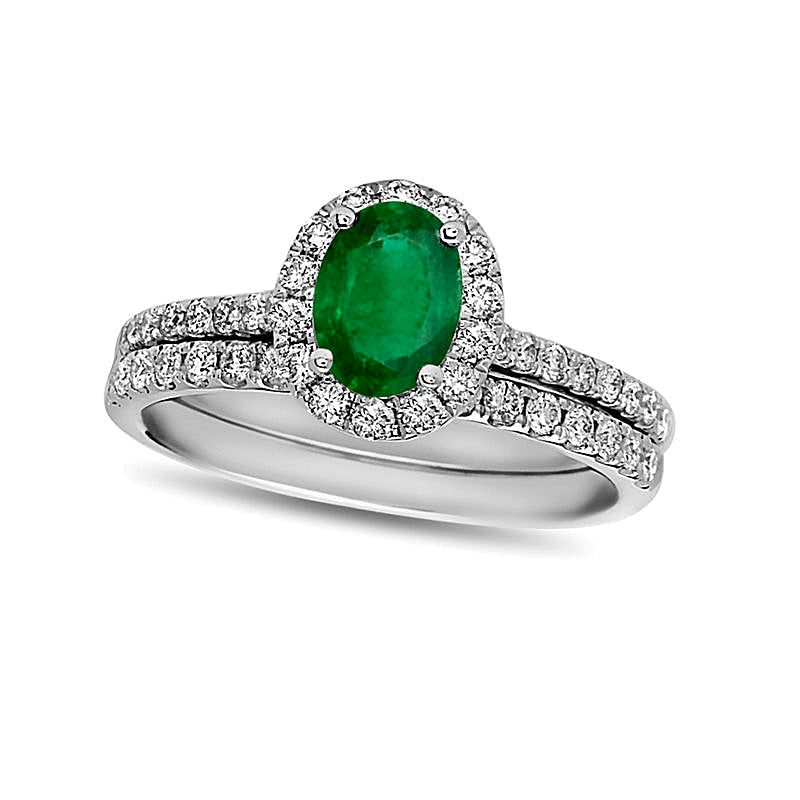 Braut-Set mit ovalem Smaragd und 0,63 ct. Gesamtgewicht Diamanten in 14K Weißgold
