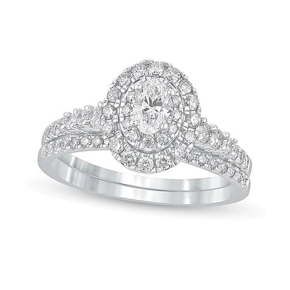 Braut-Set mit ovalem Diamant-Rahmen 1.0 ct. Gesamtgewicht in 10K Weißgold