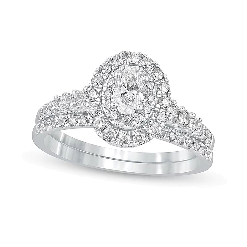 Braut-Set mit ovalem Diamant-Rahmen 1.0 ct. Gesamtgewicht in 10K Weißgold