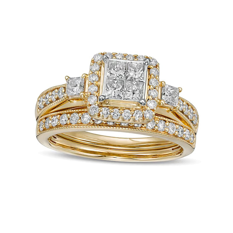 Braut-Set mit Diamanten im Princess-, Rund- und Kissenschliff 1.0 ct. Gesamtgewicht in 10K Gelbgold