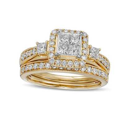 Braut-Set mit Diamanten im Princess-, Rund- und Kissenschliff 1.0 ct. Gesamtgewicht in 10K Gelbgold