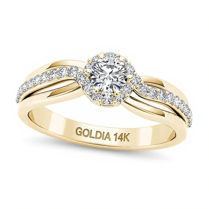 0.5 ct. Gesamtgewicht Diamant Halo Verlobungsring mit Swirl-Design in 14K Gelbgold