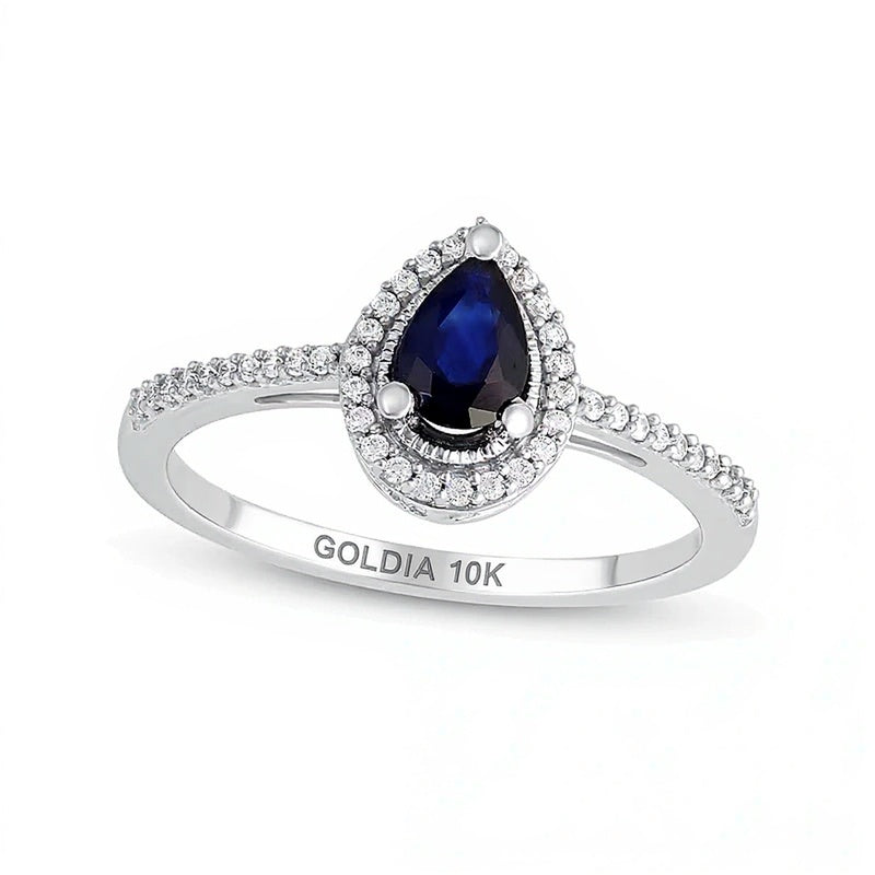 Halo-Ring mit tropfenförmigem blauem Saphir und 0,1 ct. Gesamtgewicht Diamanten im Vintage-Stil in 10K Weißgold