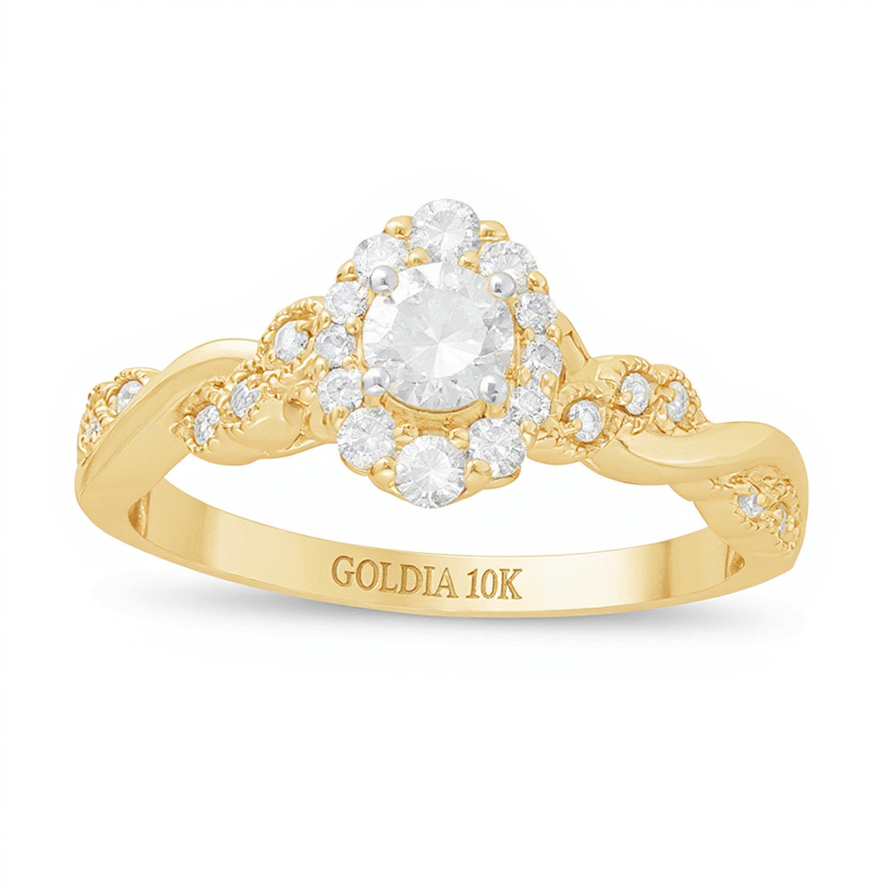 0.5 ct. Gesamtgewicht Diamant Verlobungsring im Vintage-Stil mit gedrehter Ringschiene und Halo aus 10K Gelbgold