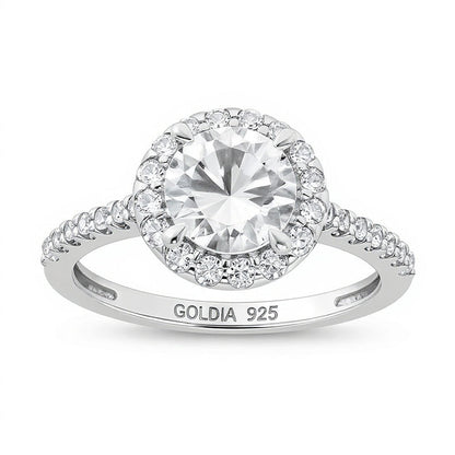 7,0mm weißer Labor-Saphir Halo-Verlobungsring in rhodiniertem Sterlingsilber
