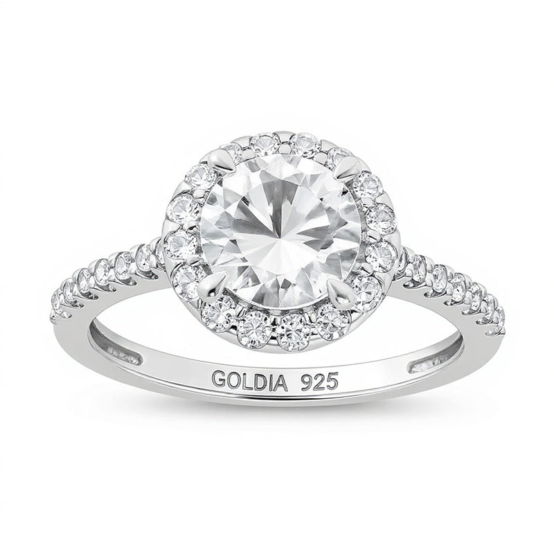 7,0mm weißer Labor-Saphir Halo-Verlobungsring in rhodiniertem Sterlingsilber