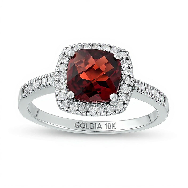 7,0 mm Ring mit Granat im Kissenschliff und 0,2 ct. Gesamtgewicht Diamanten im Halo-Design in 10K Weißgold