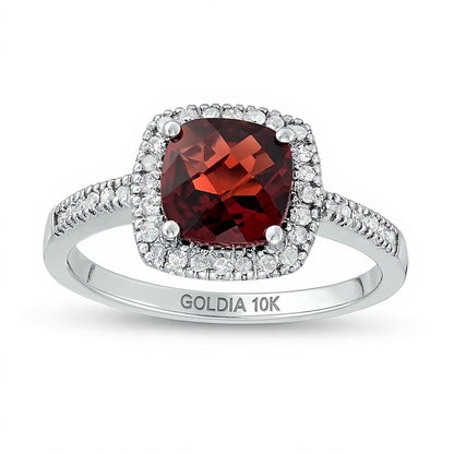 7,0 mm Ring mit Granat im Kissenschliff und 0,2 ct. Gesamtgewicht Diamanten im Halo-Design in 10K Weißgold
