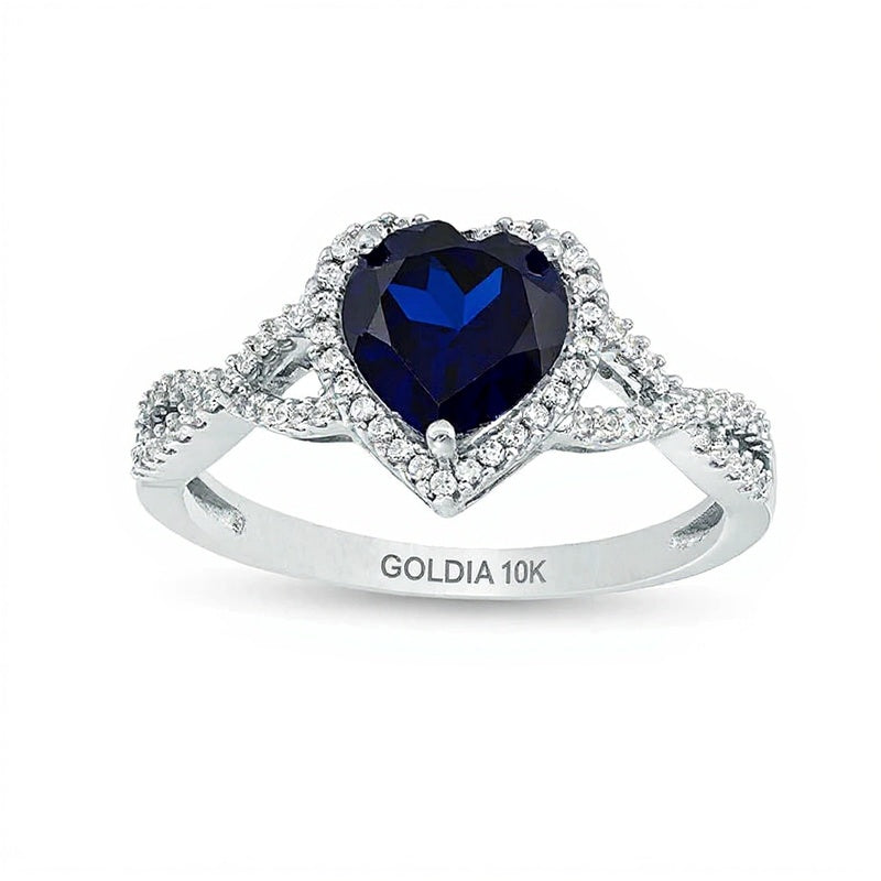 7,0mm herzförmiger im Labor gezüchteter blauer Saphir und 0,2 ct. Gesamtgewicht Diamant Fashion-Ring in 10K Weißgold